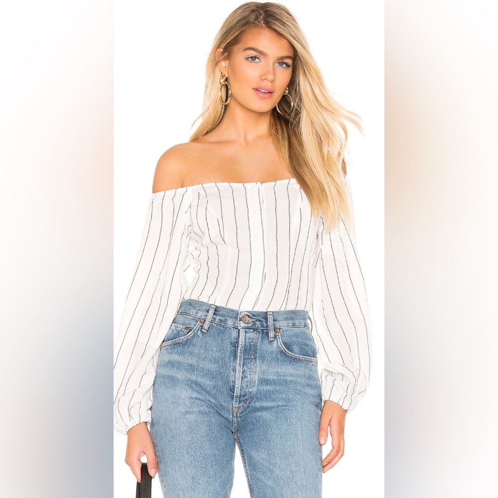 Superdown “Kaylee” Button-up Off-the-Shoulder Top Black and White Stripe XS